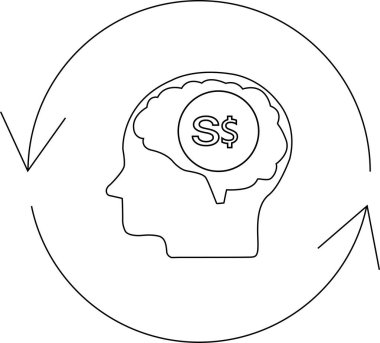 Illustration of a head with a Singapore dollar symbol inside the brain, surrounded by a circular arrow, representing financial mindset and investment.