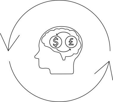 İçinde para birimi sembolleri olan bir kafa tasviri, dairesel bir okla çevrili, finansal zihniyeti ve para birimini temsil ediyor..