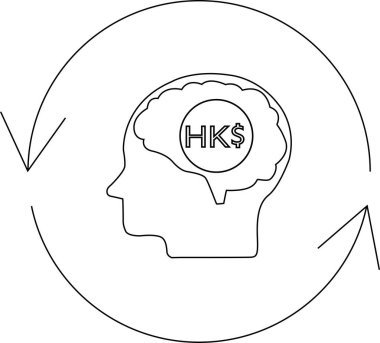Conceptual illustration of a head with a brain containing the Hong Kong Dollar symbol, surrounded by a circular arrow, representing financial mindset and currency exchange.