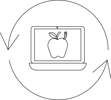 Elmayı solucanlı gösteren bir dizüstü bilgisayar, dairesel bir okun içinde, teknoloji ve eğitimi simgeliyor..