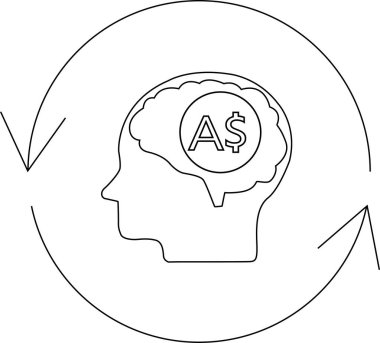 A line drawing depicts a head with an Australian dollar symbol inside the brain, surrounded by circular arrows, symbolizing a money mindset.