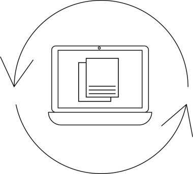 A minimalist line art illustration depicting data synchronization, featuring a laptop displaying documents within a circular arrow loop, symbolizing continuous updating and syncing.
