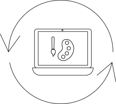 Dairesel bir okla çevrili, dijital sanat yaratma döngüsünü sembolize eden fırça ve palet simgesini gösteren bir dizüstü bilgisayar.