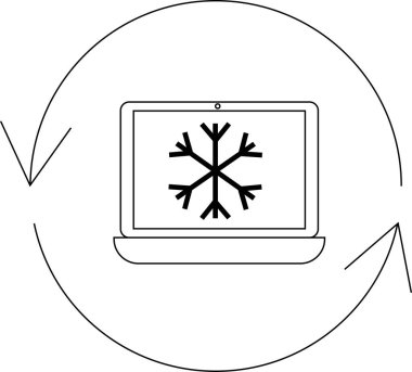 Kar tanesi sembollü dizüstü bilgisayar soğutma sistemi simgesi ve tirajı gösteren oklar, sıcaklık düzenlemesi ve teknolojiyi temsil eden.