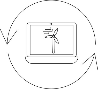 A laptop screen displays a wind turbine, symbolizing renewable energy. The image is encircled by a circular arrow, representing sustainability and continuous energy cycle.