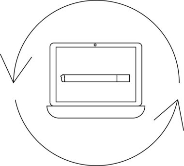A minimalist line art illustration depicting a laptop undergoing an update process, symbolized by a circular arrow and a progress bar on the screen.