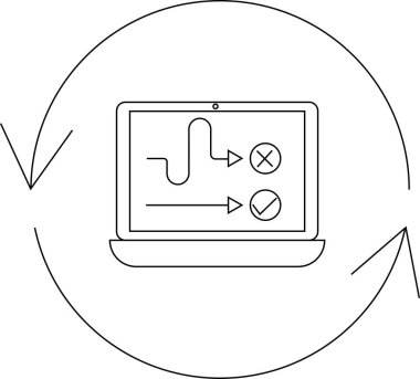 Bir dizüstü bilgisayar ekranı, işaretlere ve haçlara giden oklarla, seçenekleri ve sonuçları dairesel akış içinde sembolize eden bir karar alma süreci gösterir..