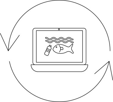 Laptop ekranında, bir geri dönüşüm sembolü ile çevrelenmiş plastik şişe ve balıkla kirlenmiş bir okyanus görülüyor. Çevresel kaygıları ve dijital farkındalığı vurguluyor..