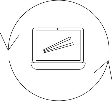 A laptop with chopsticks on the screen, surrounded by a circular arrow, symbolizing technology and food.