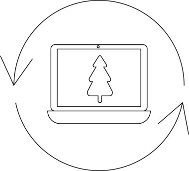 Yuvarlak okla çevrili bir Noel ağacı simgesini gösteren bir dizüstü bilgisayar güncellemeleri veya mevsimsel içeriği öneriyor.
