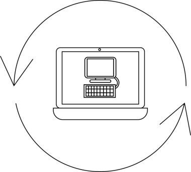 Bir masaüstü bilgisayar simgesini gösteren bir dizüstü bilgisayar, dairesel bir okun içinde, teknolojinin yenilenmesini veya güncellenmesini sembolize eder.