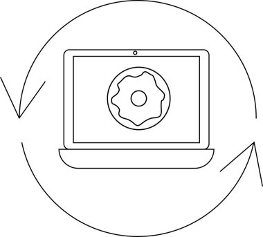 A minimalist line art illustration featuring a laptop displaying a donut icon, encircled by arrows, symbolizing data transfer or updates.