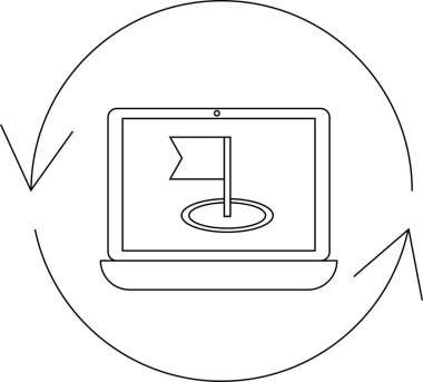 A laptop displays a flag in a hole, surrounded by a circular arrow, symbolizing progress and achievement in a digital context.