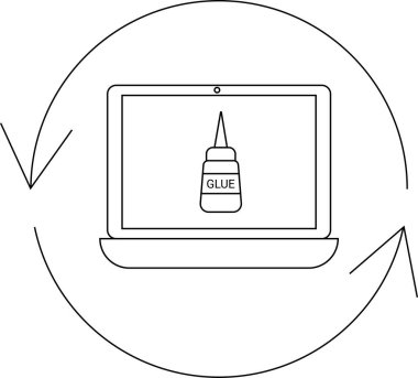 Bir dizüstü bilgisayar, dairesel oklarla çevrili bir yapıştırıcı şişe simgesini gösterir, bu da yazılım veya sistem entegrasyonunu önerir.