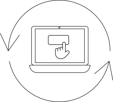 A laptop with a hand clicking a button on the screen, surrounded by a circular arrow, symbolizing interaction and technology.