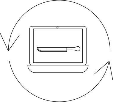 A laptop displays a knife on its screen, surrounded by a circular arrow, suggesting a digital threat or vulnerability.