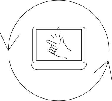 A laptop displaying a hand gesture is surrounded by a circular arrow, symbolizing digital interaction and technology.