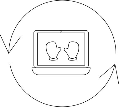 Bir dizüstü bilgisayarda oklarla çevrili eldivenler, sıcaklık ve bağlantıyı sembolize eder, dijital bir bağlamda takas veya paylaşım önerir..