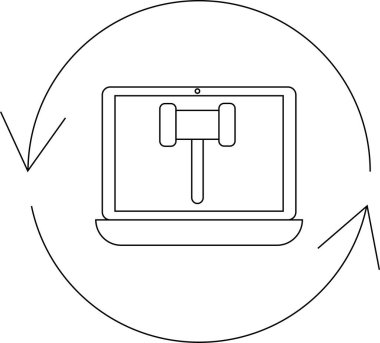 Çevrimiçi bir açık artırmayı tasvir eden minimalist bir çizgi sanat simgesi, bir dizüstü ekranda yuvarlak bir okun içine yerleştirilmiş tokmağı gösteriyor..