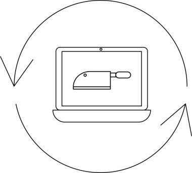 A laptop screen displays a meat cleaver icon, symbolizing an online butcher shop, surrounded by a circular arrow, indicating service availability.