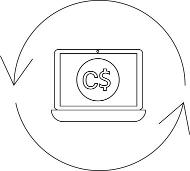 Kanada dolar para birimi sembolünü gösteren basit bir çizgi sanat tasviri, çevrimiçi döviz kurunu temsil eden dairesel oklarla çevrili..