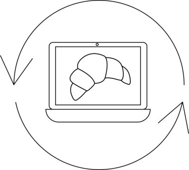 A laptop displaying a croissant inside a circle with arrows, representing online ordering and delivery of baked goods.