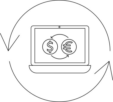 Dizüstü bilgisayar ekranında para değişimi simgesi, dolar ve avro sembolleri, çevrimiçi dönüşüm, mali işlem, küresel ekonomi, vektör illüstrasyonu