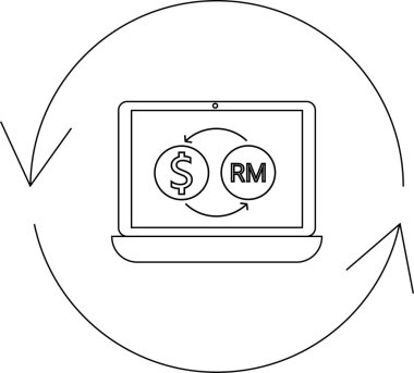 ABD doları ile Malezya Ringgit RM arasında çevrimiçi bir okla çevrili para birimi dönüşümünü temsil eden döviz sembolü gösteren bir dizüstü bilgisayar tasviri.