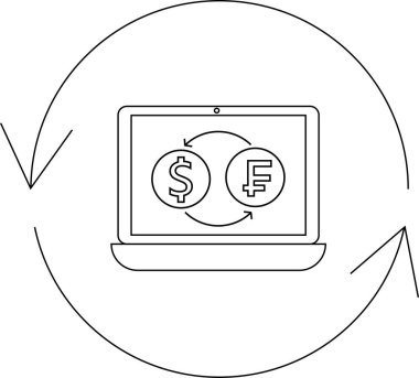 Çevrimiçi para değişimi tasvir eden basit bir çizgi sanat simgesi. Bir dizüstü bilgisayar ekranında dolar ve frank sembolleri, dairesel bir okla çevrili..