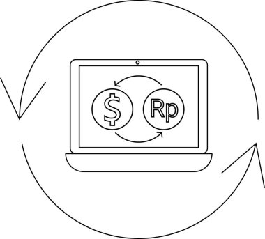 Bir dizüstü bilgisayar ekranında bir dolar ve rupiah sembolü, çevrimiçi bir tasarım ile çevrimiçi döviz alışverişini temsil eden değiş tokuşlu oklarla gösterilir..