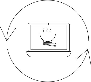 Bu simge çevrimiçi yemek siparişi ve teslimat hizmetlerini temsil ediyor. Yuvarlak bir okla çevrili bir kase erişteyi yemek çubuğuyla gösteren bir dizüstü bilgisayar sunuyor..