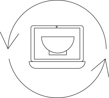 A minimalist line art illustration depicting online food ordering and delivery service with a laptop displaying a bowl, surrounded by circular arrows.