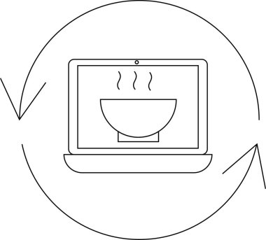 Bir kase sıcak yemeği gösteren bir dizüstü bilgisayarın basit bir çizgisi çizimi, çevrimiçi yemek siparişini ve teslimat hizmetlerini sembolize ediyor..