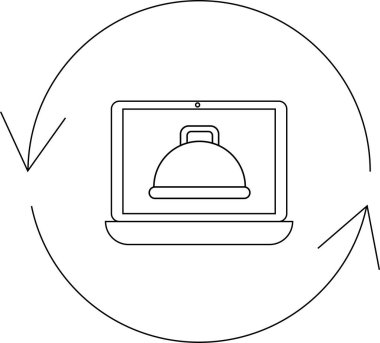 Çevrimiçi gıda sipariş sistemini gösteren basit bir çizgi çizimi, dairesel bir ok içinde bir yemek saati simgesini gösteren bir dizüstü bilgisayar.