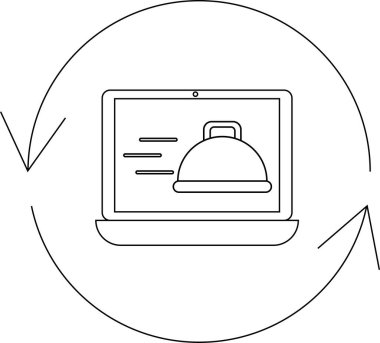 Çevrimiçi yemek siparişi ve teslimat servislerini gösteren basit bir çizgi sanat ikonu, ekranında yemek saati olan, dairesel bir okla çevrili bir dizüstü bilgisayar..