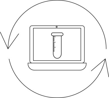 A laptop screen displays a test tube, surrounded by circular arrows, symbolizing online lab processes and scientific research.