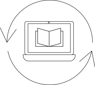Dairesel bir okla çevrili açık bir kitabı gösteren dizüstü bilgisayar, çevrimiçi öğrenme, eğitim ve dijital bilgi edinimini sembolize ediyor.
