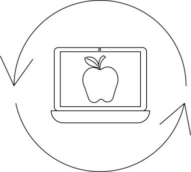 Çevrimiçi öğrenmeyi temsil eden dairesel bir okla çevrili, ekranda elma olan bir dizüstü bilgisayarın basit bir çizgisi çizimi..