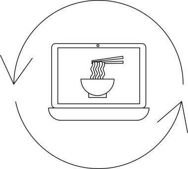 A simple line art icon depicting online ramen ordering and delivery, featuring a laptop displaying a bowl of noodles with chopsticks.