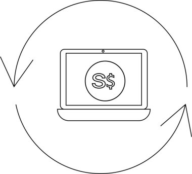 Singapur Dolar sembolü ve dairesel okları gösteren bir dizüstü bilgisayarla çevrimiçi para değişimi tasvir eden basit bir çizgi çizimi.