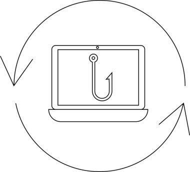 Bir dizüstü bilgisayar, siber saldırıların ve güvenlik önlemlerinin döngüsel doğasını temsil eden dairesel bir okla çevrelenmiş bir kanca simgesini gösterir..