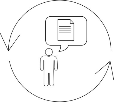 Bir kişi, dairesel oklarla çevrili bir konuşma balonunda bir belge ile betimlenir, geri bildirim ya da yinelemeyi önerir.