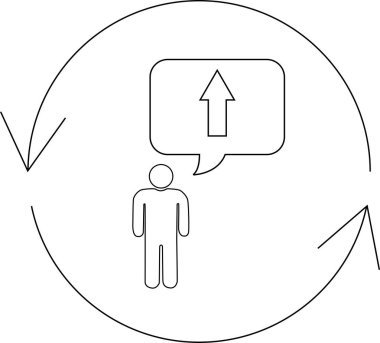 A person with an upward arrow in a speech bubble, enclosed within a circular arrow, symbolizing growth and progress.