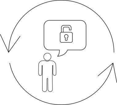 Illustration of a person with an unlocked padlock in a thought bubble, symbolizing security concerns and the need for protection.