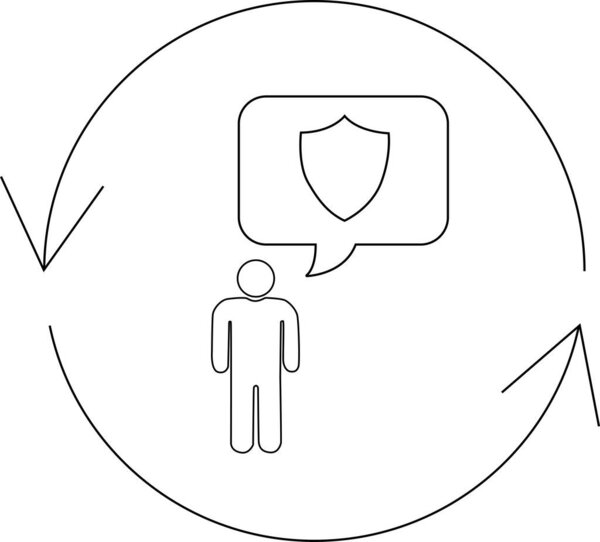 Illustration of a person with a shield icon in a thought bubble, surrounded by a circular arrow, symbolizing protection and security.