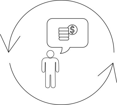 Bir kişi dairesel bir akış içinde duruyor, parayı düşünüyor, finansal döngüleri ve ekonomik düşünce süreçlerini sembolize ediyor.