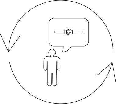 Bir insan dairesel akışla çevrili kırık bir boruyu düşünüyor. Bu da bir sorunu ve çözüme ihtiyacı olduğunu gösteriyor..