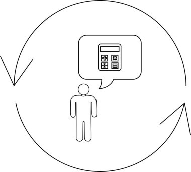 Bir kişi, sürekli bir hesaplama ve analiz sürecini temsil eden dairesel bir okla çevrili bir hesap makinesi düşünüyor..