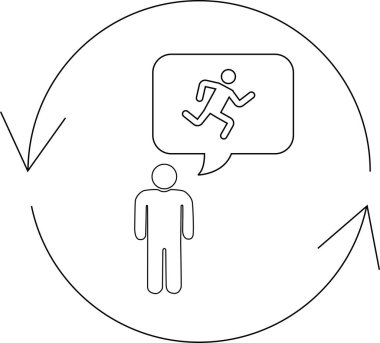 Bir insan sürekli bir döngü ya da döngü içinde döngü içinde koşmayı düşünüyor. Resim basit bir siyah beyaz çizgi çizimidir..