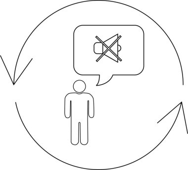 Sessiz konuşma baloncuğu olan basit bir insan çizimi, dairesel bir ok döngüsü içinde, iletişim sorunlarını sembolize ediyor..